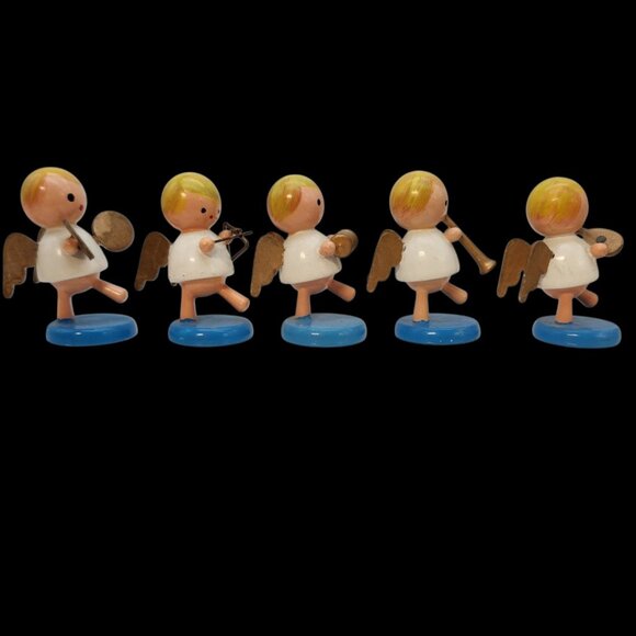 5 Wood Angel Musical Christmas Figurines Goula Spain Erzgebirge 2" Vintage READ - Picture 4 of 9